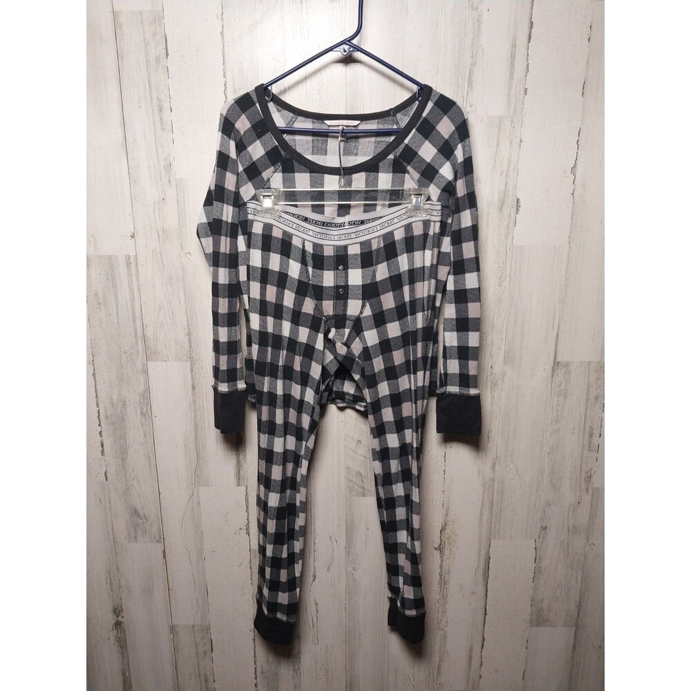 Victoria's Secret Women's Medium Black Plaid Thermal Pajamas